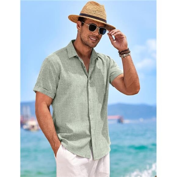 Men's Linen Shirts Short Sleeve Casual Shirts Button Down Shirt for Men Beach - Picture 4 of 6